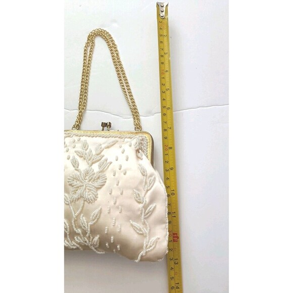 Vintage Beaded Purse Handbag Satin Beige Gold Chain Handmade Glam 1950s Style - Picture 5 of 13